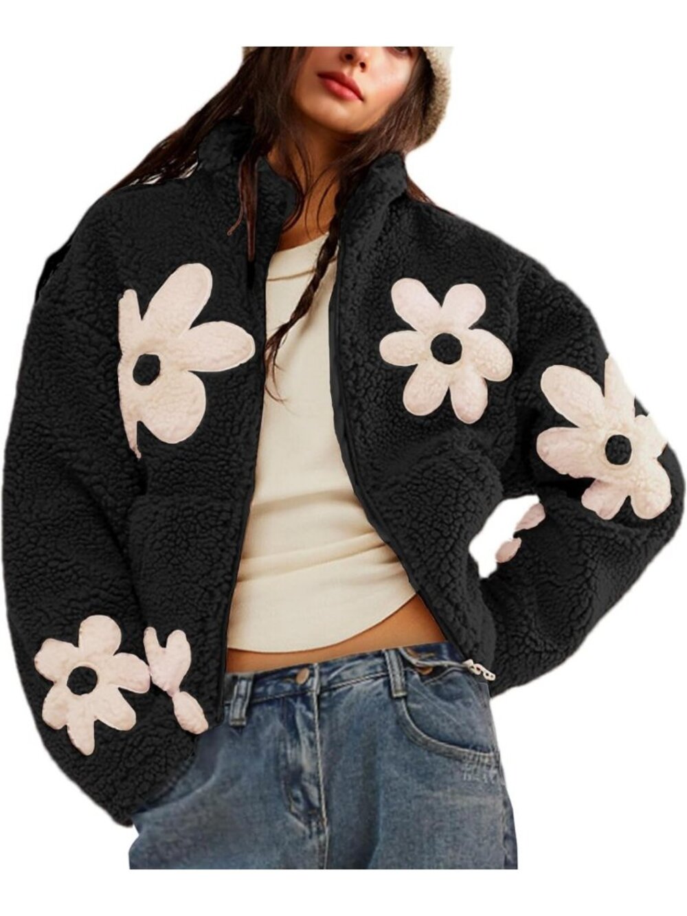 Floral Sherpa Fleece Jacket | Fuzzy Teddy Cropped Coat for Women | Cozy